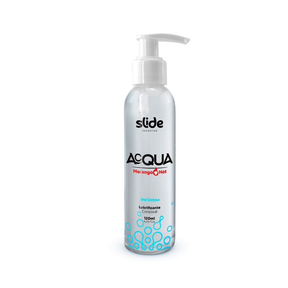 Frasco individual de Lubrificante Corporal Acqua Morango Hot 120ml em vista lateral, com o gel transparente vis�vel