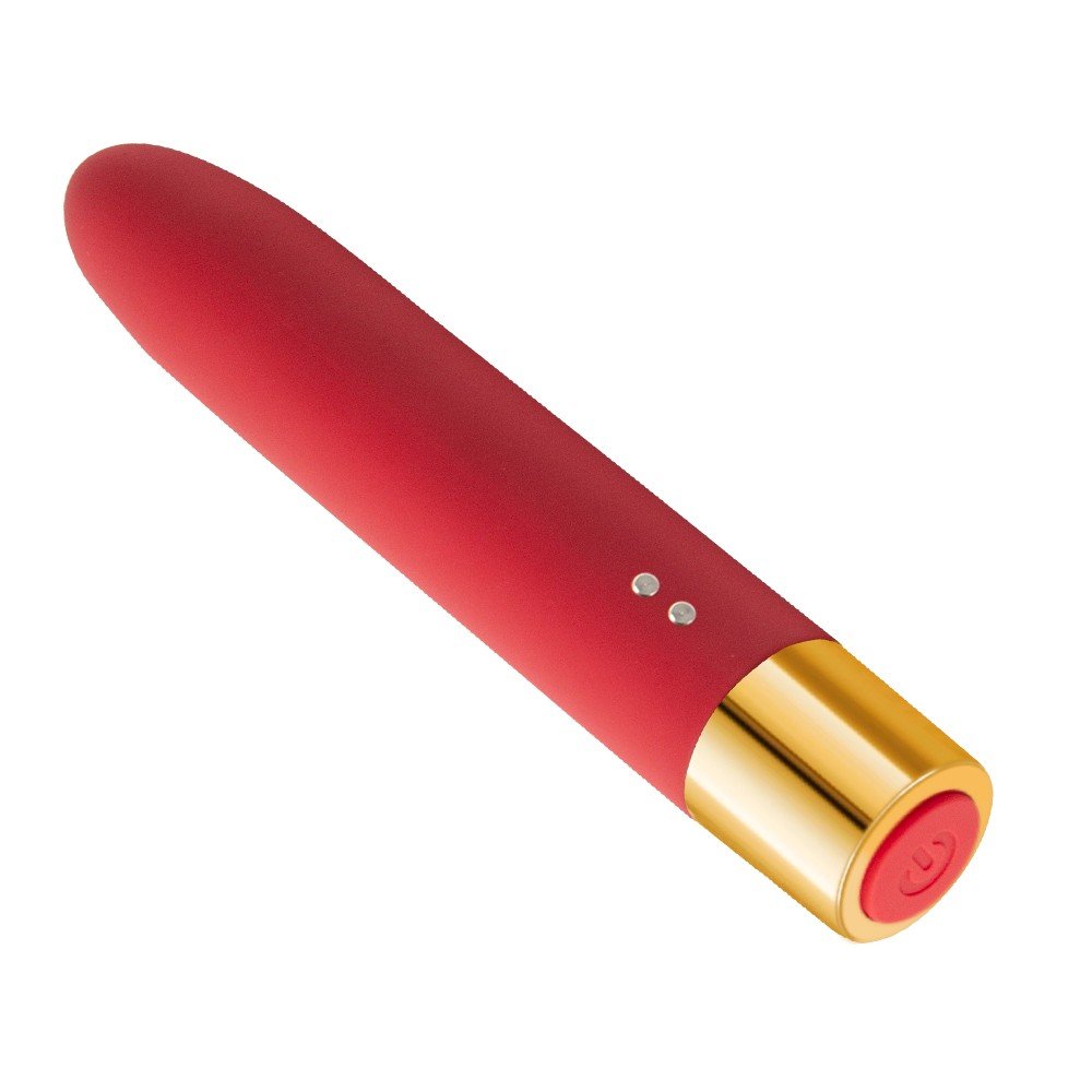 Vibrador Personal Desire Vermelho em silicone com base dourada e bot�es de controle - vista em �ngulo