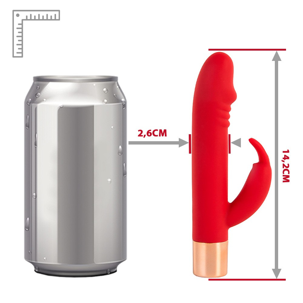 Vibrador Duplo em Silicone Recarreg�vel Vermelho - vista traseira do vibrador destacando o bot�o de ligar/desligar