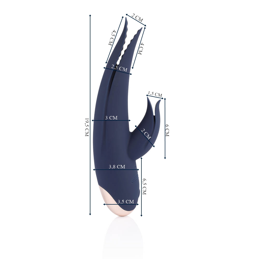 Vibrador Duplo Bonny Azul com dimens�es detalhadas, mostrando medidas de todas as partes