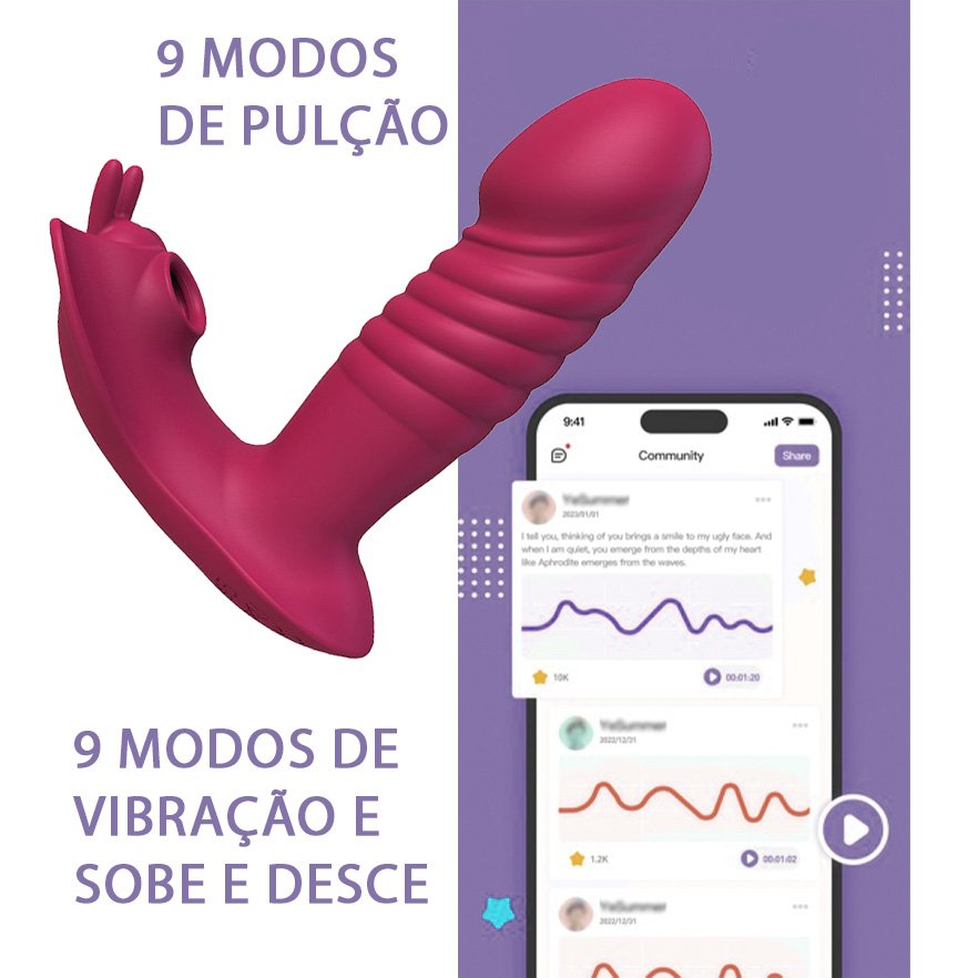 Vibrador duplo Joyce em silicone vermelho flutuando sobre um fundo com interface de aplicativo, destacando '9 MODOS DE PULS�O' e '9 MODOS DE VIBRA��O E SOBE E DESCE', ilustrando as funcionalidades do produto.