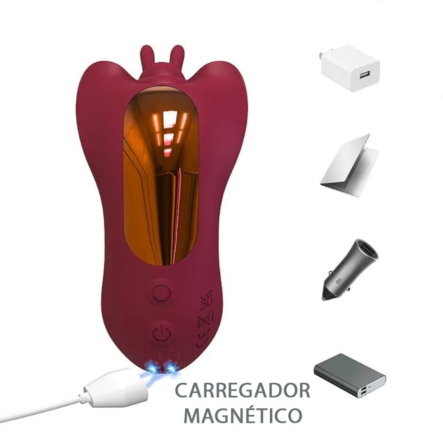 Imagem do vibrador duplo Joyce em silicone vermelho visto de um �ngulo lateral, ressaltando o design curvado e as texturas para m�xima estimula��o.