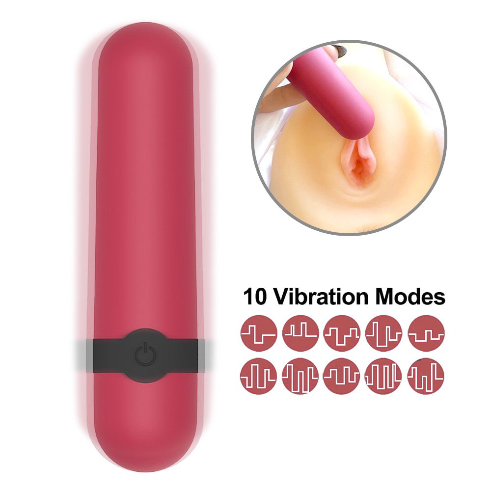 Vibrador Bullet Recarreg�vel Vinho com ilustra��es dos 10 modos de vibra��o e seu uso em boneca er�tica