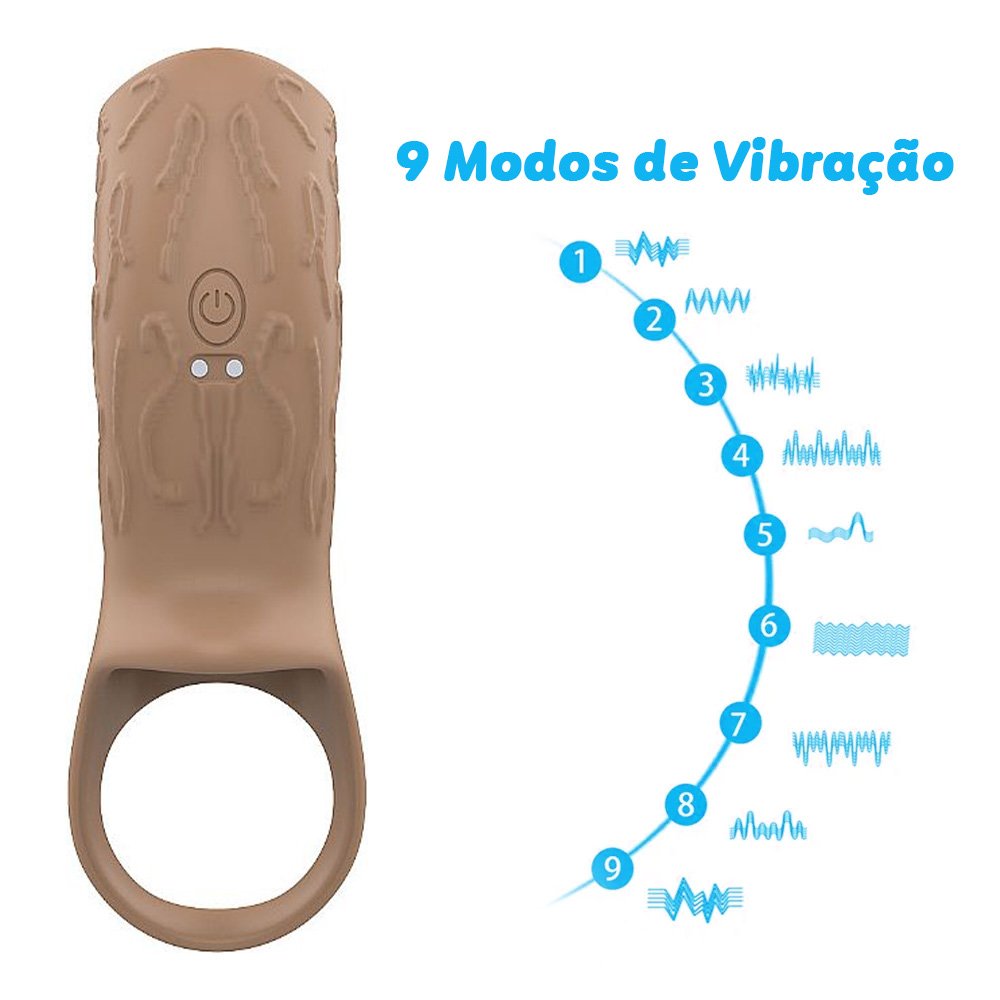 Capa Peniana Vazada com Vibrador Recarreg�vel em Silicone com 9 Vibra��es e Controle APP Jay Marrom - 9 modos de vibra��o