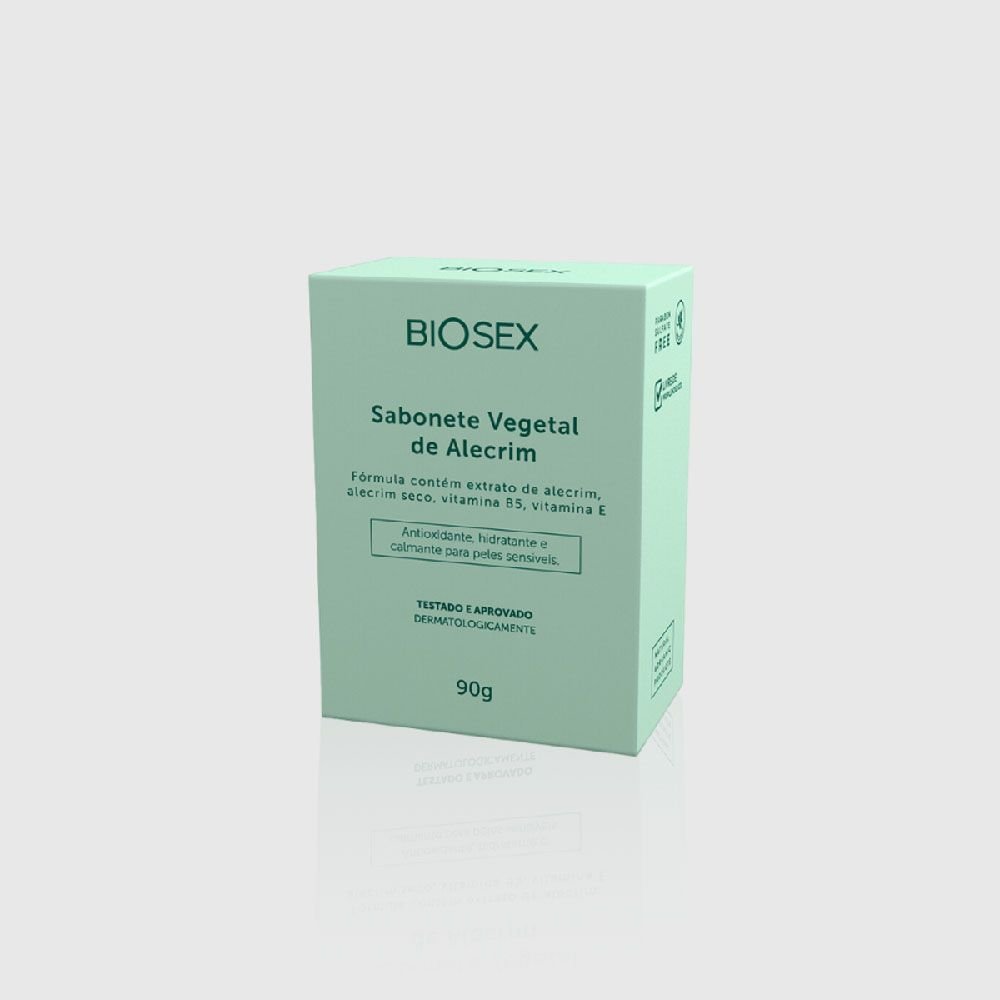 Sabonete �ntimo em Barra de Alecrim Biosex em detalhes, evidenciando a cor alaranjada e a presen�a de pequenos peda�os de alecrim em sua composi��o, enfatizando a origem vegetal e os ingredientes naturais.