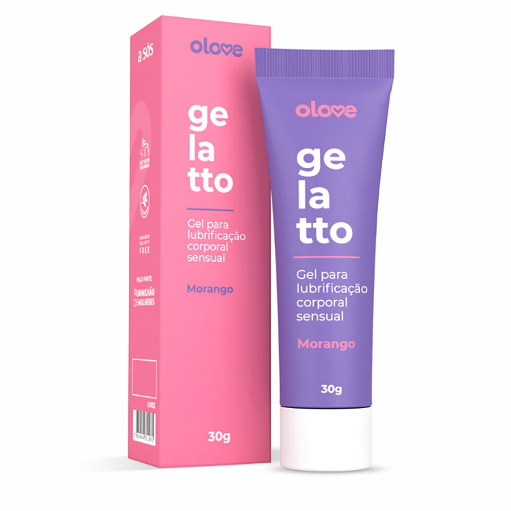 Gel Lubrificante Beij�vel Ice Gelatto Sabor Morango 30ml e sua embalagem em tons de roxo e rosa, com a caixa ao lado