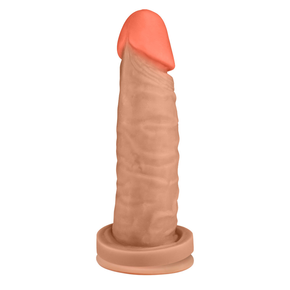 P�nis Maci�o Maromba em PVC Flex�vel At�xico com Ventosa 14,5 x 4cm Bege | Outro �ngulo do p�nis, com foco nos detalhes da textura e na transi��o de cor entre a glande marrom e a haste bege.