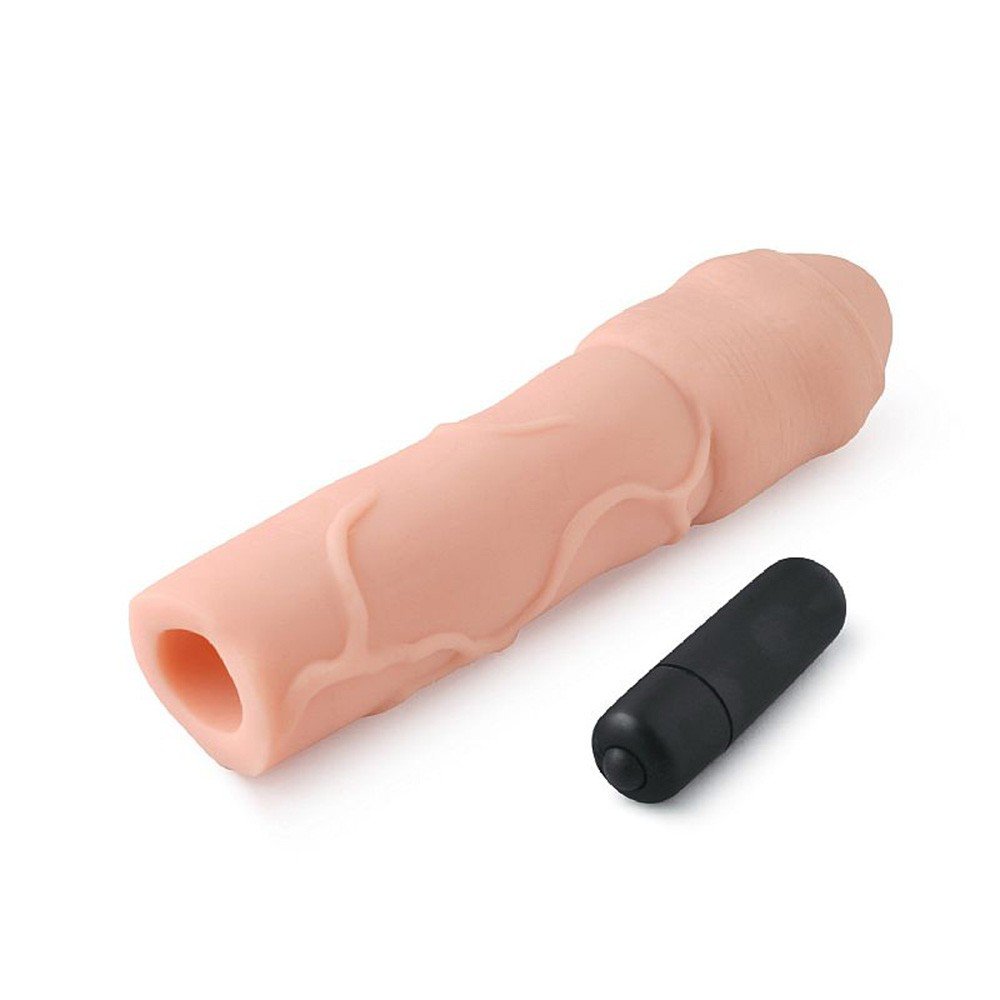 Capa Peniana com Vibrador em Cyberskin 16 x 4cm com Extensor Interno de 7cm Bege | Foto 04