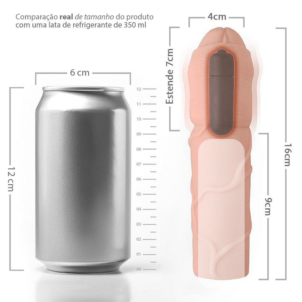 Capa Peniana Vibrat�ria em Cyberskin com Extensor Interno de 7cm Bege com o bullet vibrador separado, destacando as dimens�es e o material