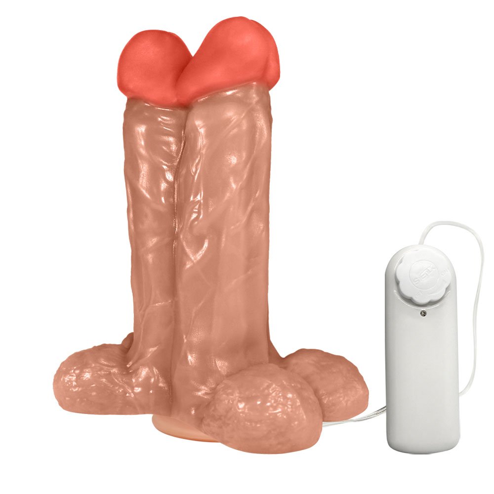 P�nis Maci�o Juntos em PVC Flex�vel com Vibrador e Ventosa 16,5 x 6,5cm Bege | Foto 02