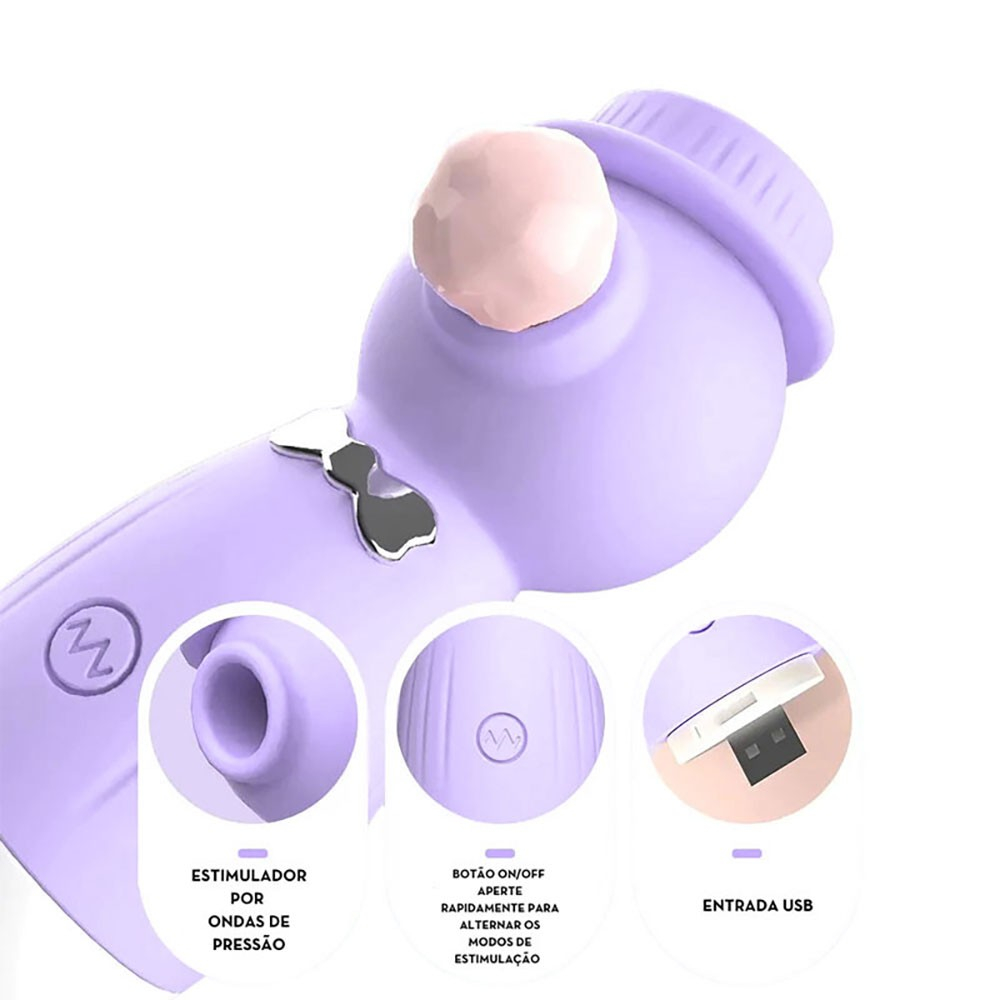 Detalhamento das funcionalidades do Vibrador Billy Roxo: estimulador de ondas de press�o, bot�o On/Off e entrada USB