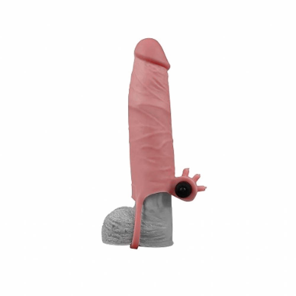 Capa Peniana com Vibrador em Cyberskin com anel escrotal e estimulador de clit�ris, mostrando o vibrador embutido