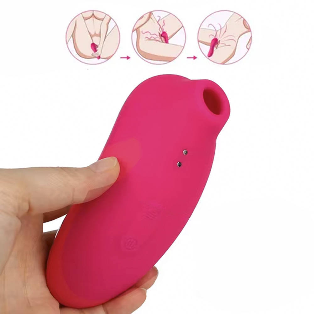 Vibrador Duplo Recarreg�vel em Silicone Rosa na m�o, dando perspectiva do tamanho e curvatura, com ilustra��es de uso