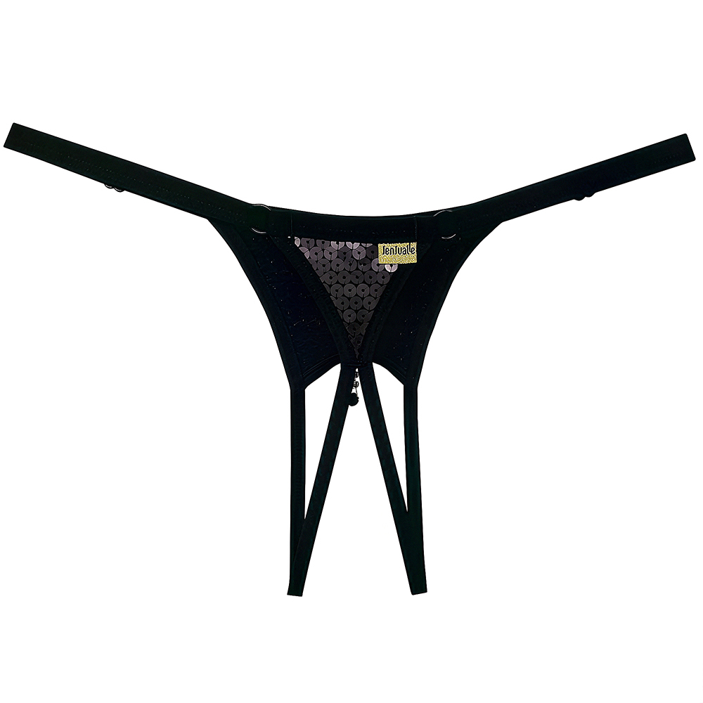 Calcinha String Fio Dental Sexy em Paet� Preta vista traseira com detalhes de argolas e fecho, etiqueta da marca