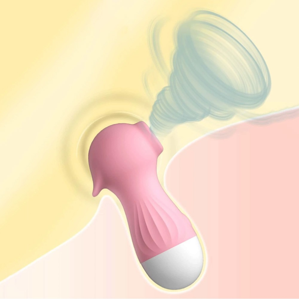 Vibrador Pocot� Rosa em uso, com bocal de suc��o estimulando o clit�ris com pulsa��es