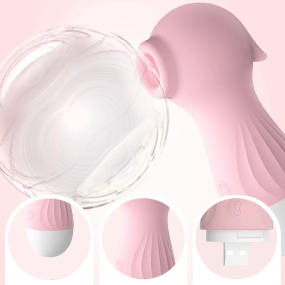 Detalhe do bocal de suc��o, textura do silicone e base de carregamento USB do Vibrador Pocot� Rosa