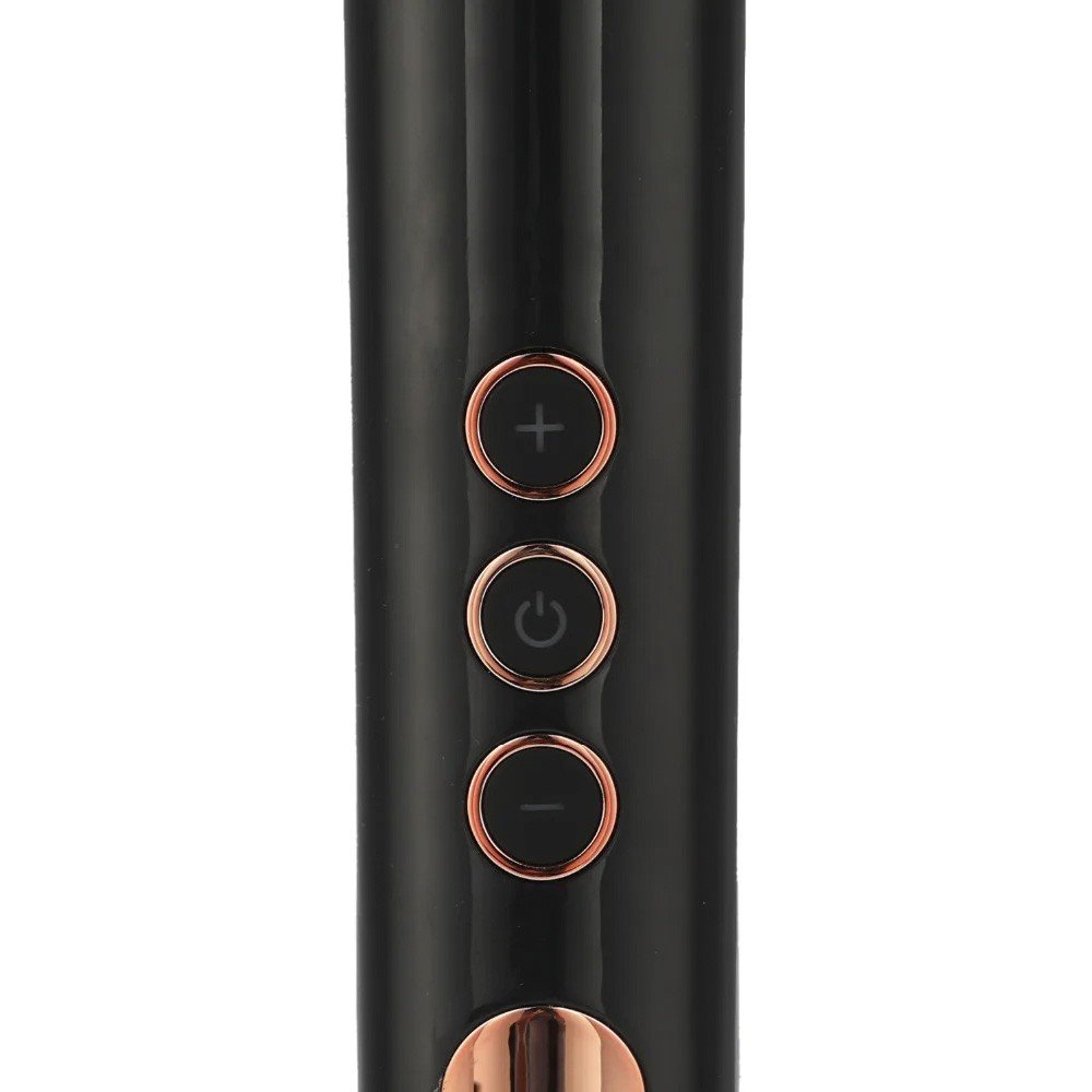 Close dos bot�es de controle de vibra��o do Massageador Er�tico Manfly Varinha M�gica Preto, com detalhes em ros� gold