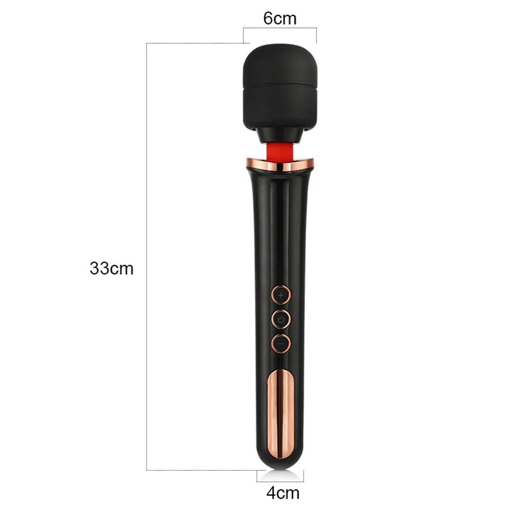 Vis�o superior do Massageador Er�tico Manfly Varinha M�gica Preto, mostrando a cabe�a vibrat�ria de silicone e os detalhes em ros� gold.