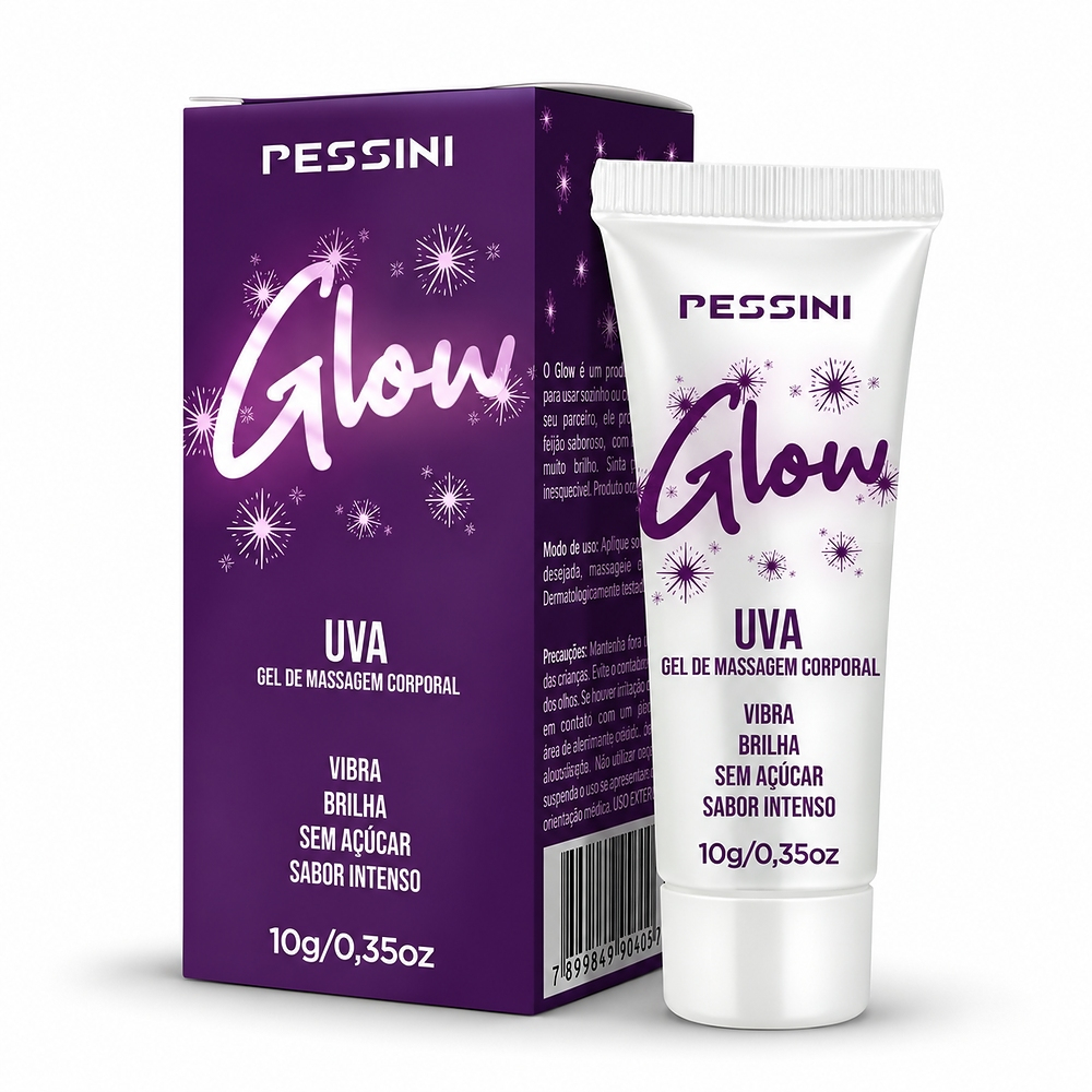 Vibrador L�quido Beij�vel Glow Sabor Uva, caixa roxa e bisnaga branca com logomarca Pessini e detalhes vibrantes em close-up
