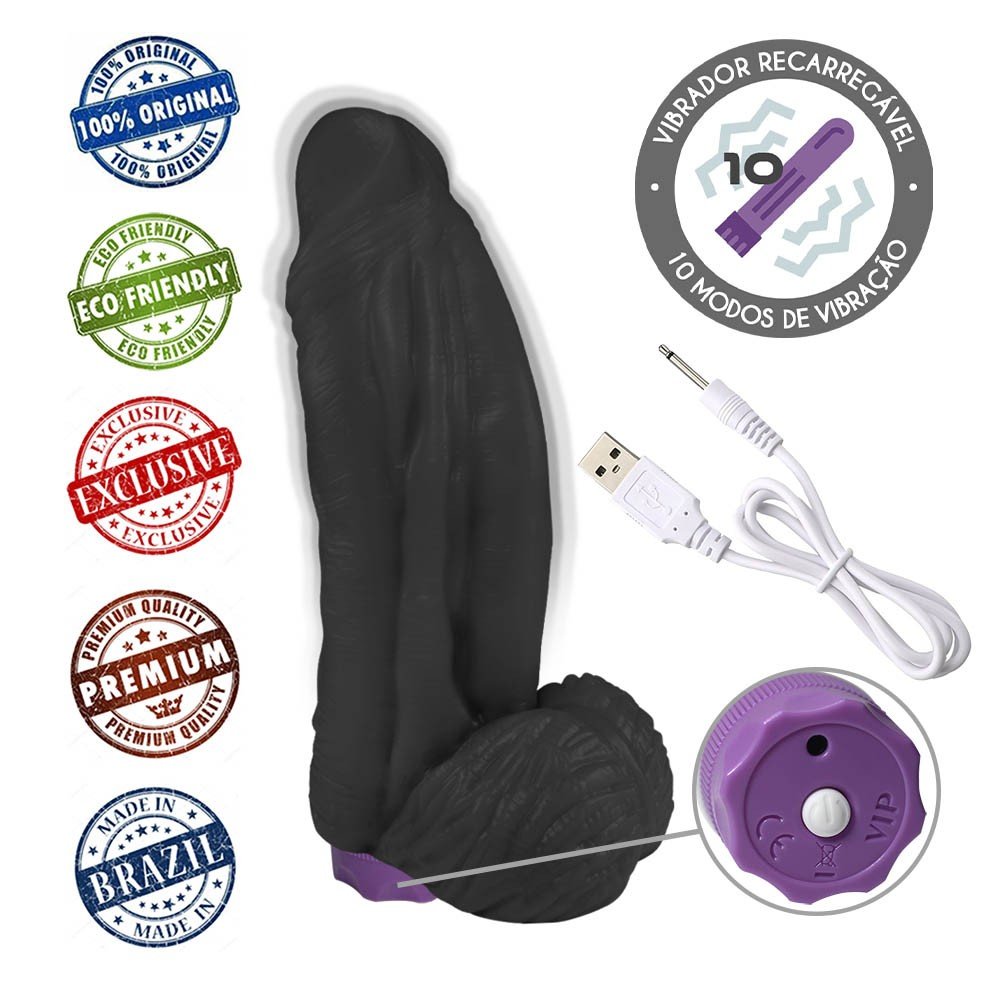 P�nis Real�stico com Vibrador 10 Modos Recarreg�vel via USB LARGE 21 x 6,5cm Preto - vista traseira do escroto e da �rea de inser��o USB