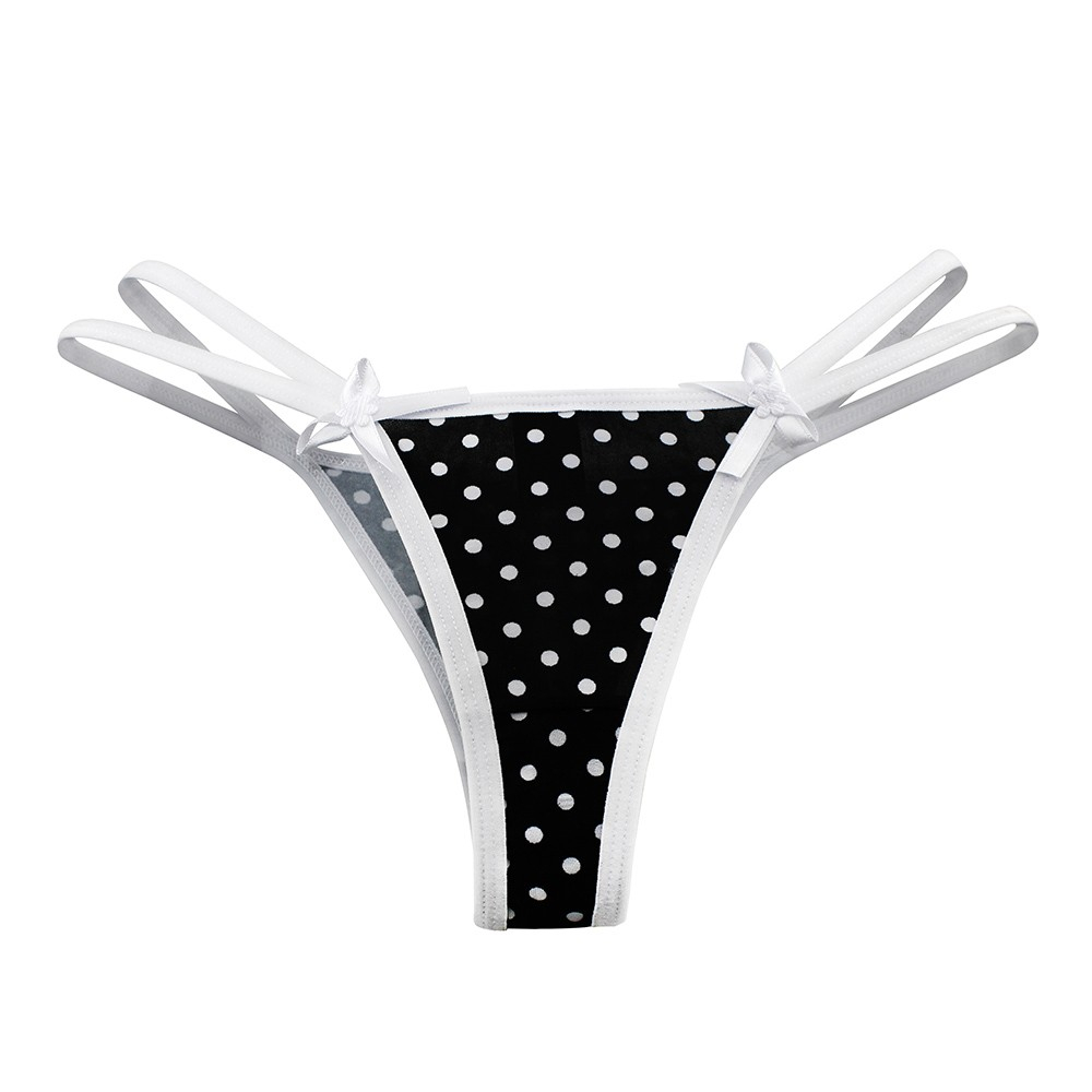Calcinha Strappy Fio Dental Sexy Preta com Po� Branco | Calcinha fio dental com estampa de bolinhas, vista frontal reta, destacando o design strappy e lacinhos nas laterais.