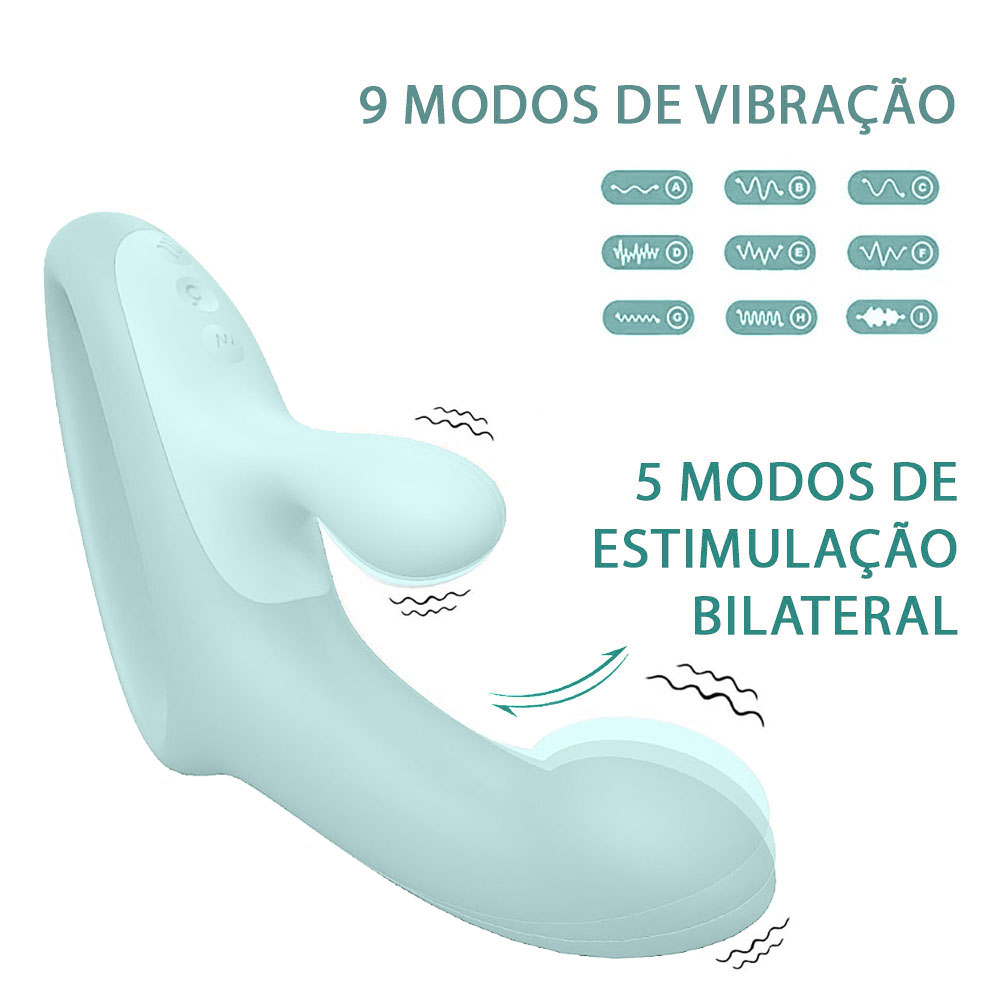 Vibrador duplo Candy Bunny Cyan com destaque para os 9 modos de vibra��o e 5 modos de estimula��o bilateral