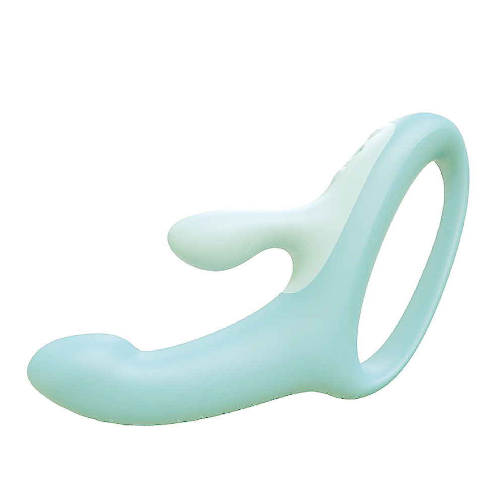 Vista lateral do vibrador duplo Candy Bunny Cyan, exibindo o design ergon�mico em silicone na cor vibrante