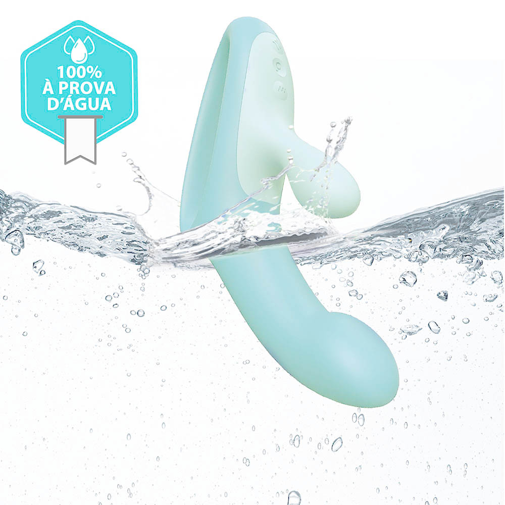 Imagem art�stica do vibrador duplo Candy Bunny Cyan em uma superf�cie, evidenciando a cor e o material