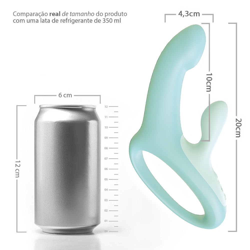 Detalhe do vibrador duplo Candy Bunny Cyan, mostrando a textura lisa do silicone e os bot�es de controle