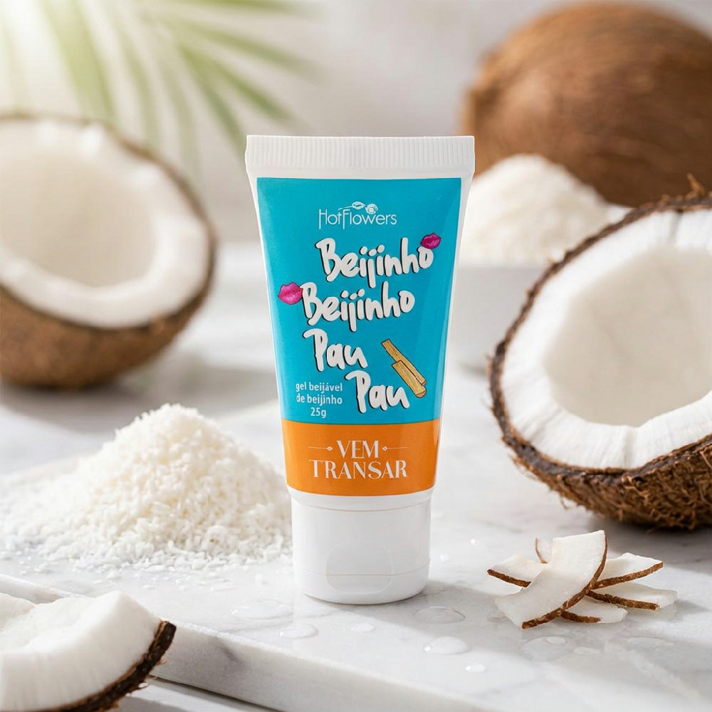 Gel para Sexo Oral Beij�vel Beijinho Beijinho Pau Pau Sabor Beijinho 25g em ambiente decorado com cocos ralados e fatias de coco, real�ando o sabor