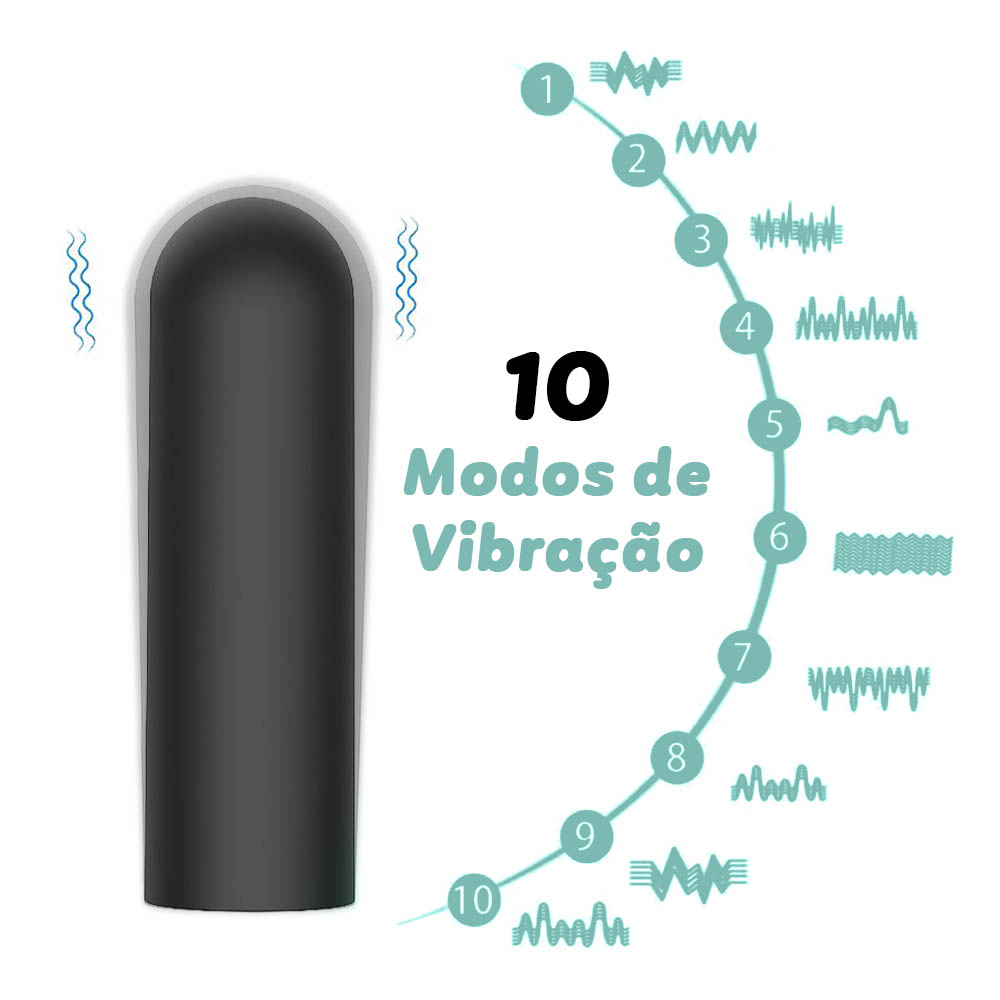 Vibrador Bullet Recarreg�vel Preto. Ilustra��o dos 10 padr�es de vibra��o dispon�veis no produto.