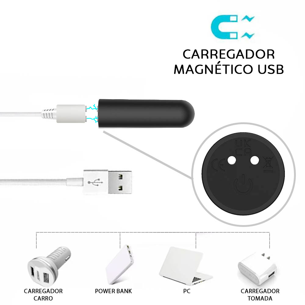 Vibrador Bullet Recarreg�vel Preto. Aplica��o do vibrador em zonas er�genas externas, como o clit�ris.