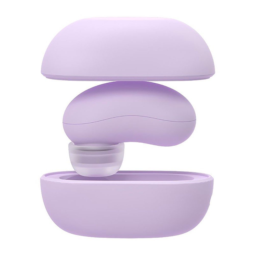 Sugador vibrador lil�s para clit�ris com formato discreto de fone de ouvido, embalado no estojo. O produto se abre para revelar o sugador, indicando facilidade de transporte e discri��o.