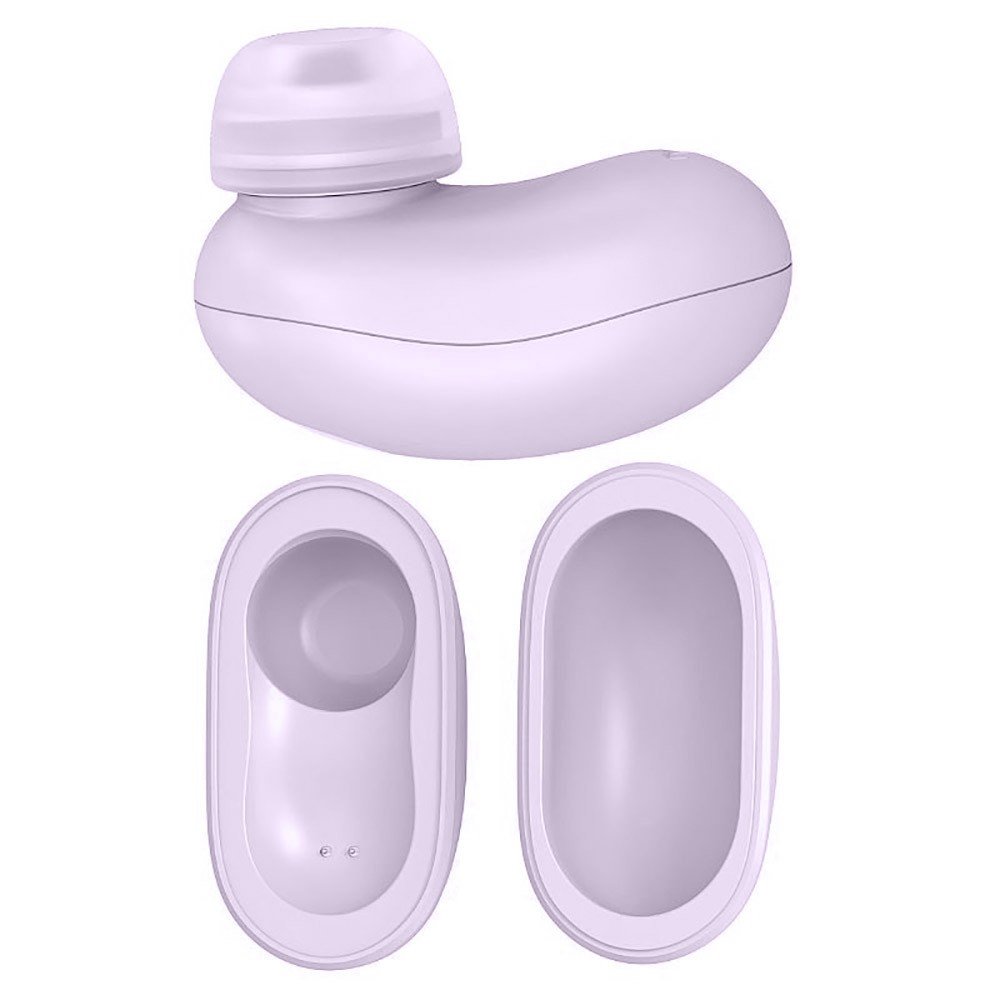 Detalhe do vibrador de suc��o para clit�ris lil�s, com um estojo de carregamento e duas pe�as que se encaixam, representando os fones de ouvido. Uma das pe�as do estojo est� aberta mostrando o vibrador.