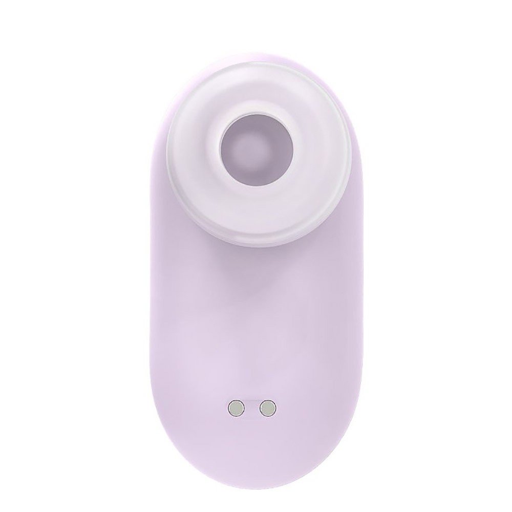 Imagem do Sugador vibrador de clit�ris lil�s e seu estojo de carregamento fechado, ressaltando o design compacto e discreto que se assemelha a um estojo de fone de ouvido.