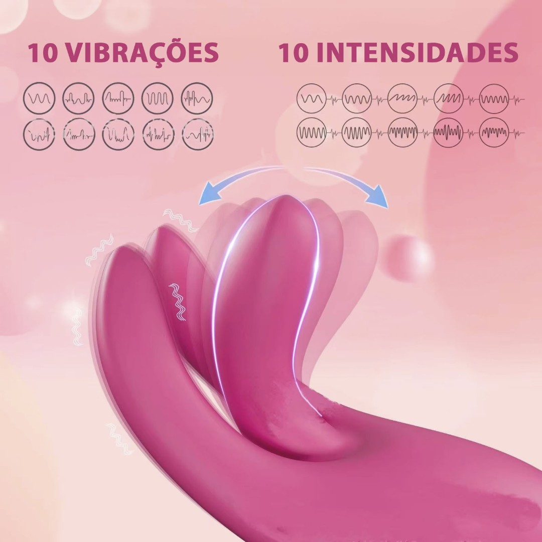Vibrador Duplo Recarreg�vel em Silicone Rosa com detalhes das 10 vibra��es e 10 intensidades de dedilhar