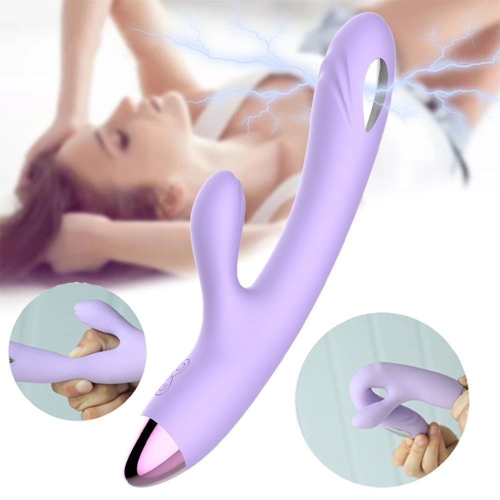 Vista do Vibrador Duplo Recarreg�vel Lil�s em uso, ilustrando a dupla estimula��o do ponto G e do clit�ris, com 8 modos de vibra��o e pulsos el�tricos