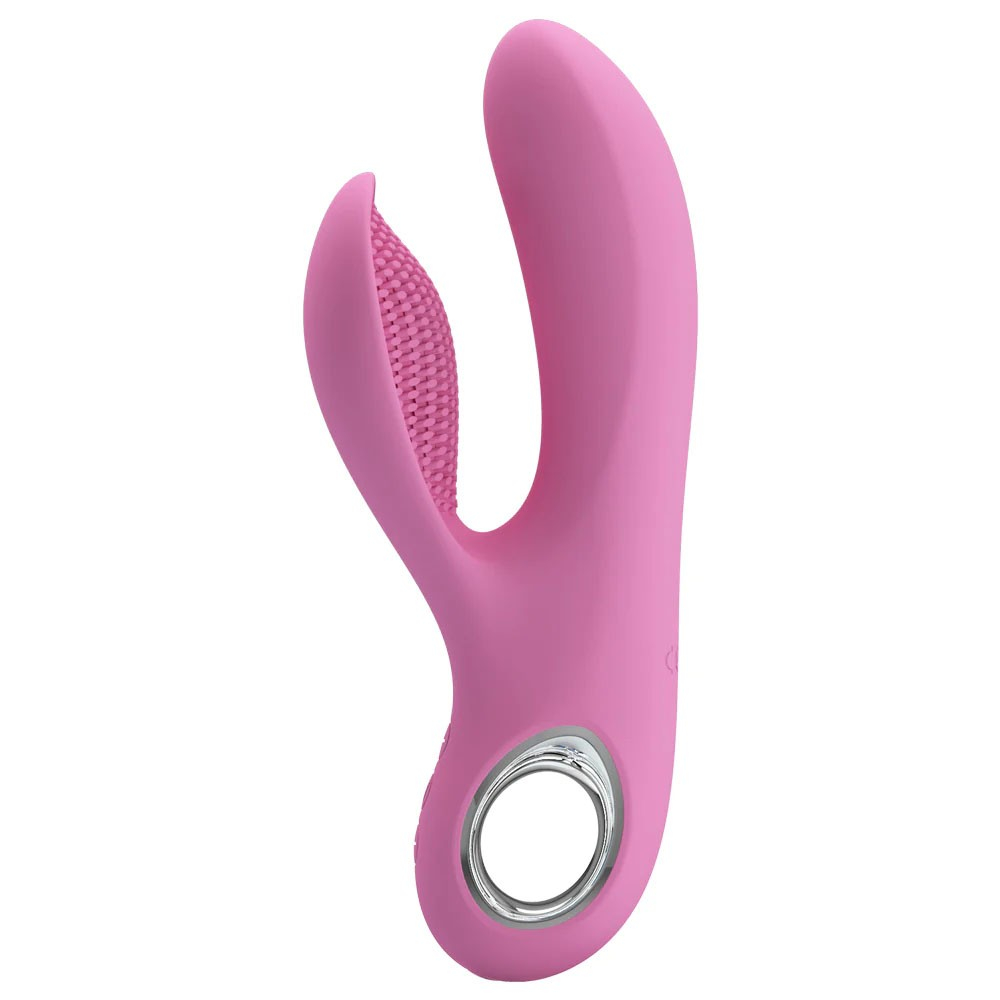 Vista lateral do Vibrador Duplo em Silicone Recarreg�vel Canrol Rosa, ressaltando o formato em U e a textura em uma das hastes.