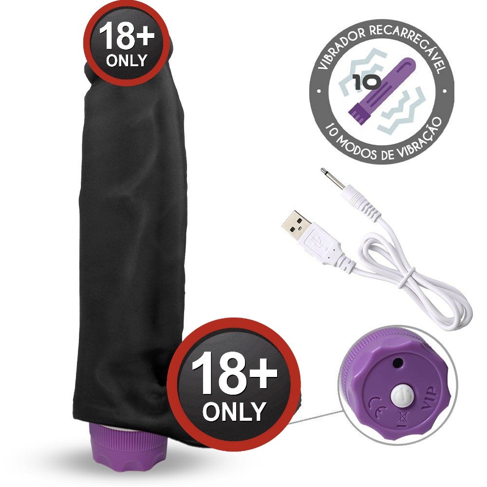 P�nis com Escroto e Vibrador 10 Velocidades Recarreg�vel Sedutor com cabo USB para carregamento