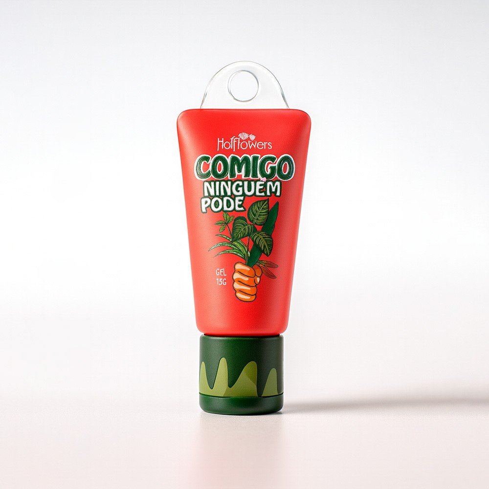 Gel Excitante Unissex Esquenta, Vibra e Gela Comigo Ningu�m Pode 15g embalagem em um leve �ngulo.