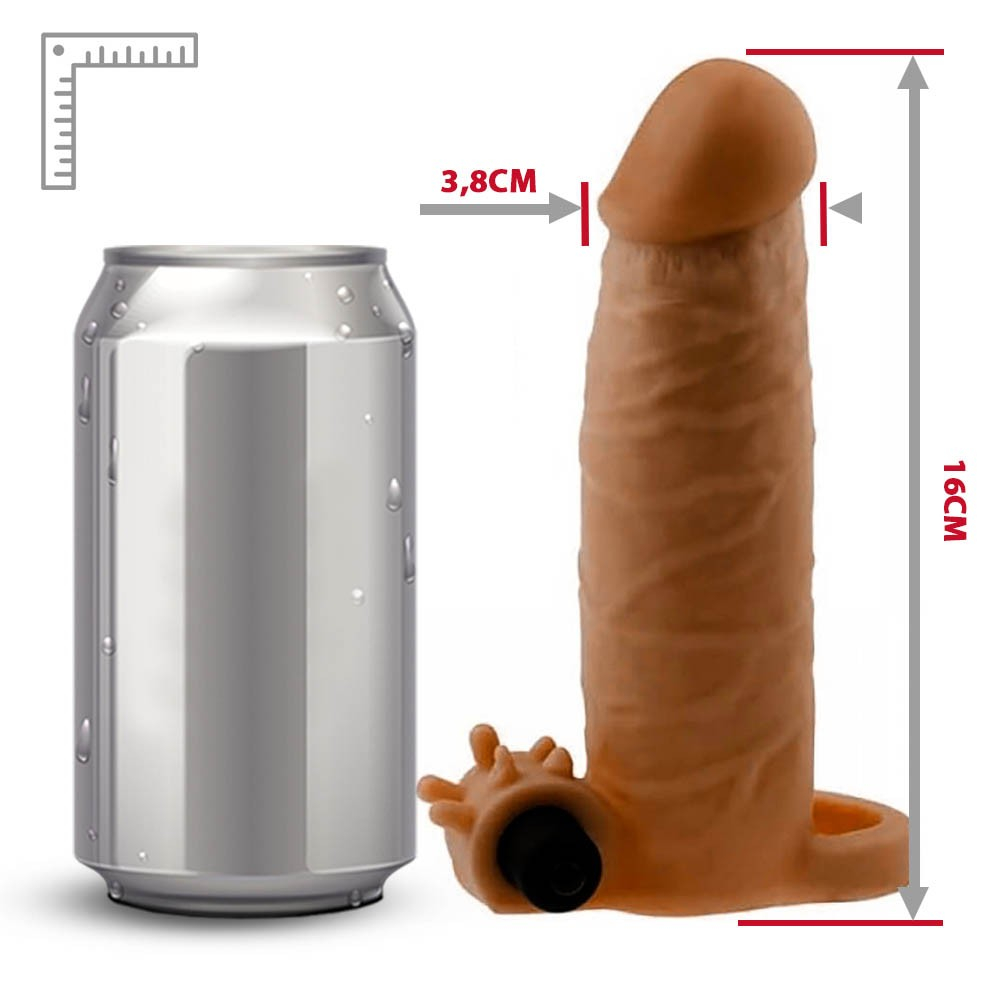 Capa Peniana com Vibrador em Cyberskin Anel Escrotal e Estimulador de Clit�ris 16 x 3,8cm Marrom em embalagem original Lovetoy e fora da caixa com bullet vibrador separado