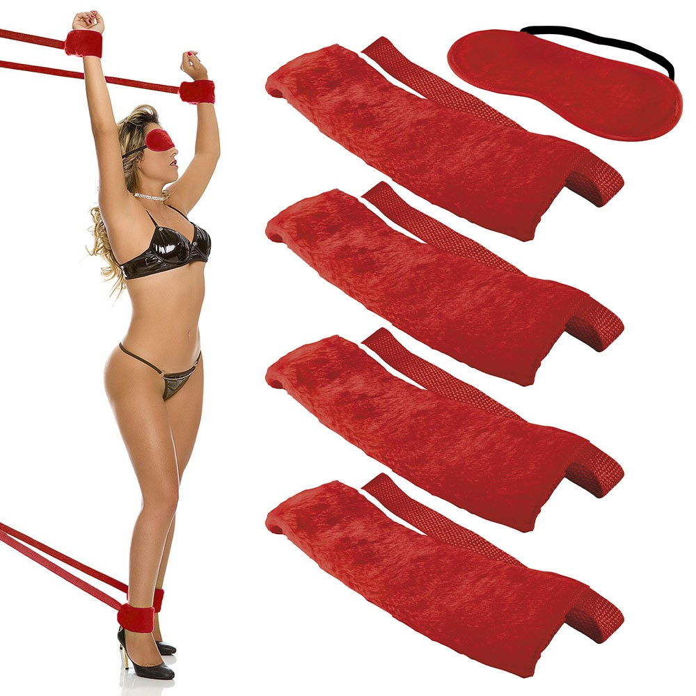 Kit Bondage com 4 Amarras e Venda de Pelúcia Vermelho | Foto 01