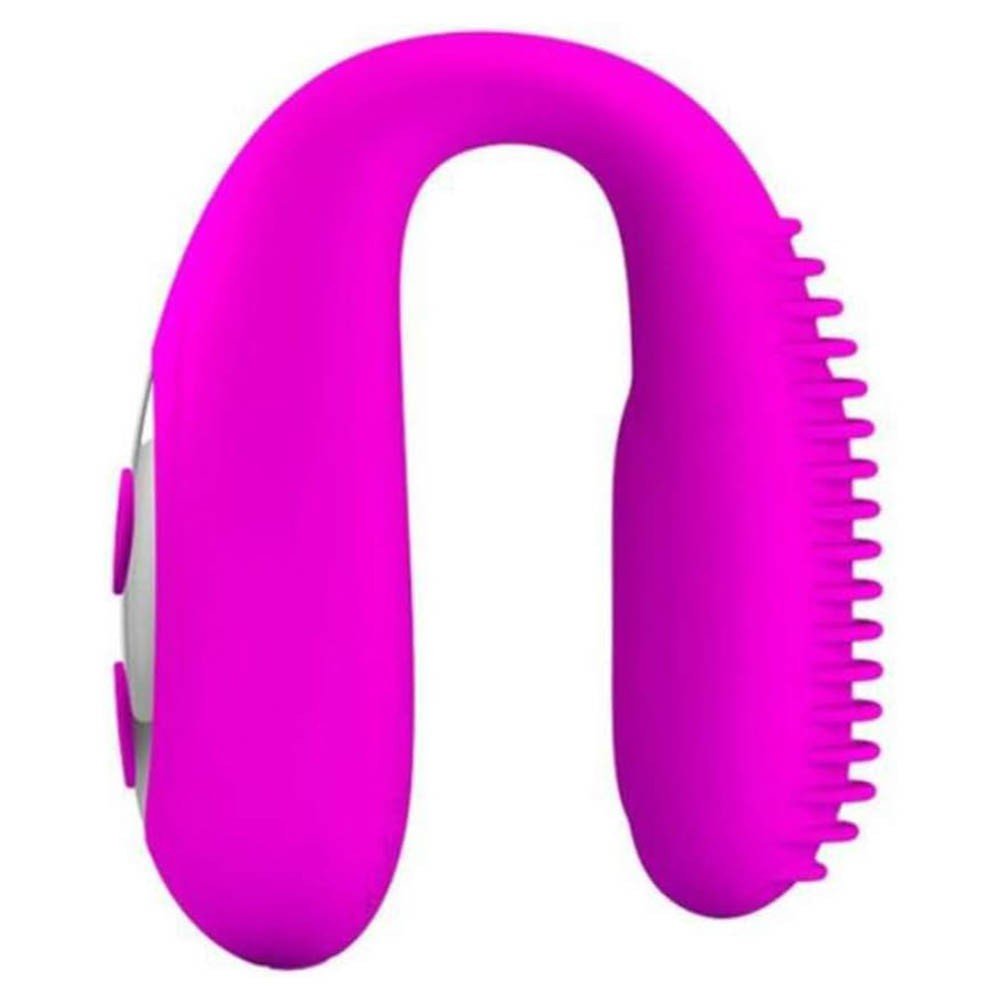 Vista frontal do Vibrador para Casal com formato em U e ranhuras na ponta, cor pink.