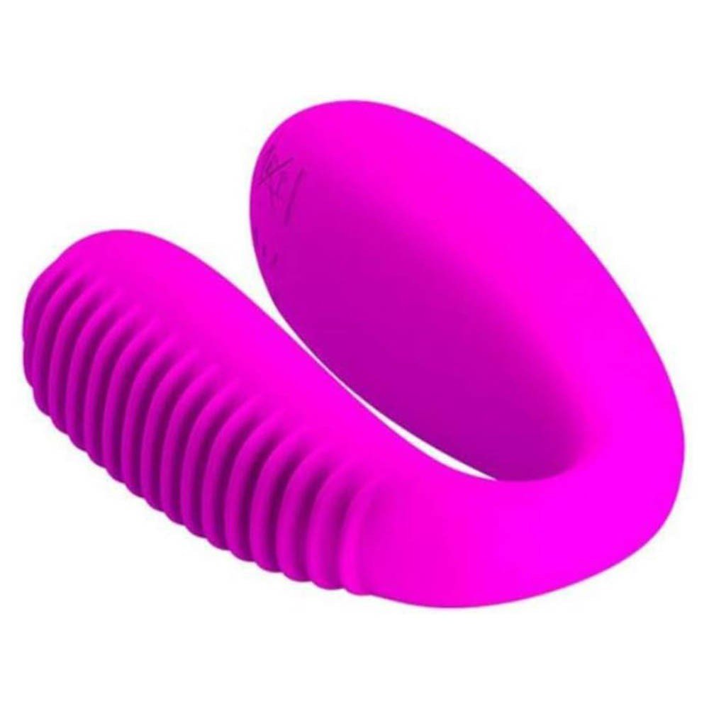 Vibrador para Casal em silicone, vista lateral mostrando o formato curvado em U e ranhuras.
