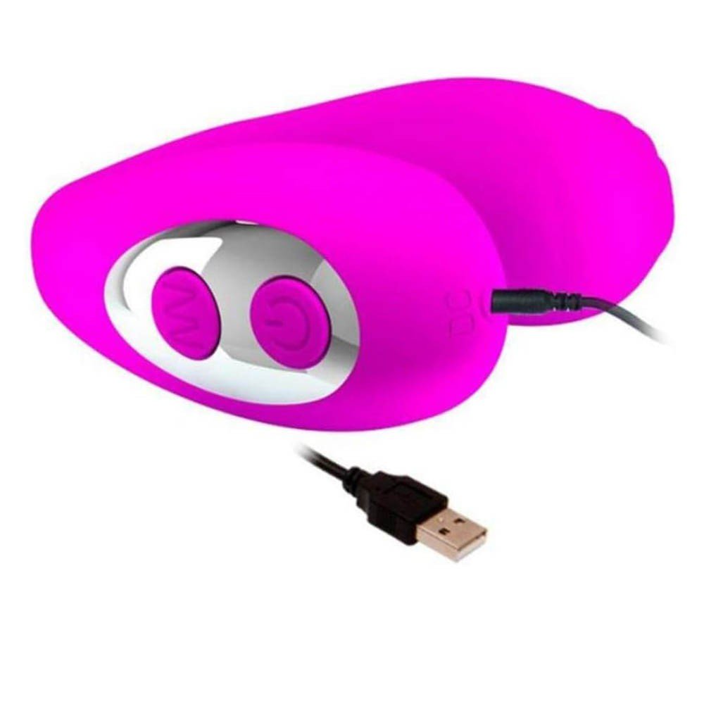 Vibrador para Casal Mabel Pink em close, mostrando a textura do silicone liso e a �rea ranhurada.