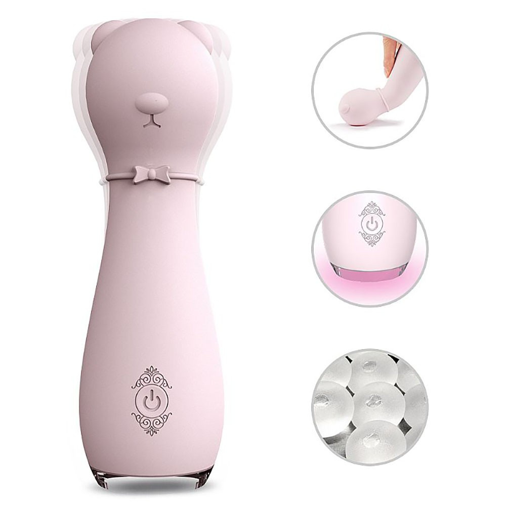 Detalhes do Massageador Er�tico Ronnie Rosa, mostrando a cabe�a vibrat�ria, o bot�o de ligar/desligar e a recarga USB