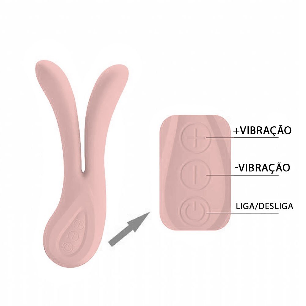 Detalhamento dos bot�es de controle do Vibrador Duplo Ulysses: +Vibra��o, -Vibra��o e Liga/Desliga