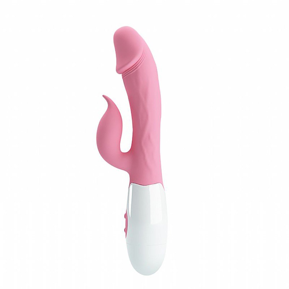 Vibrador Duplo Peter Rosa visto de frente, em silicone rosa e base branca, mostrando o design para estimula��o vaginal e ponto G