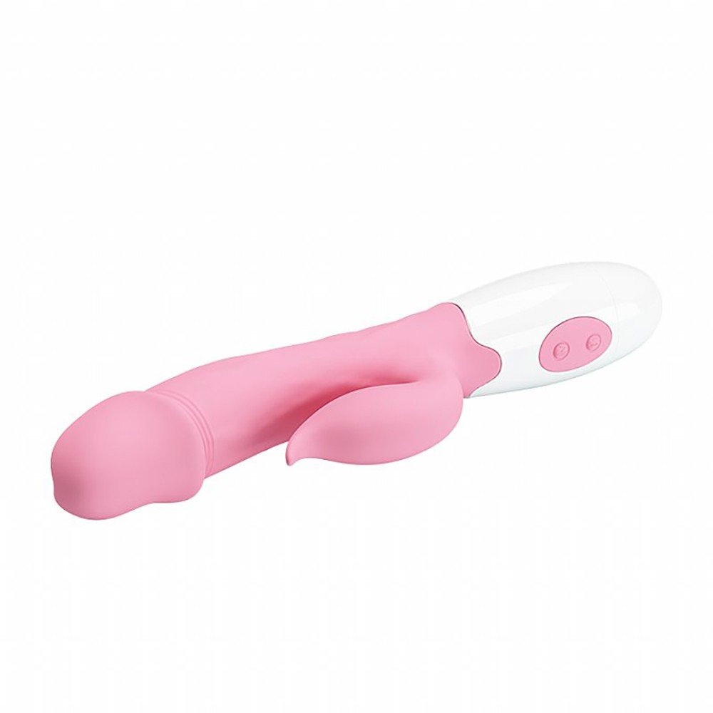 Vibrador Duplo Peter Rosa em vista lateral, evidenciando o cabo em formato de p�nis e o estimulador curvado para o ponto G