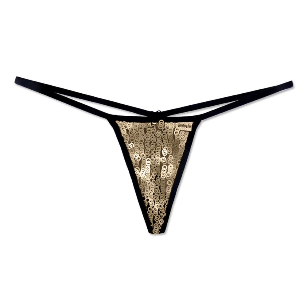 Calcinha String Fio Dental Sexy Tapa Sexo com Paete na Frente Dourada | Detalhe Pr�ximo dos Paet�s